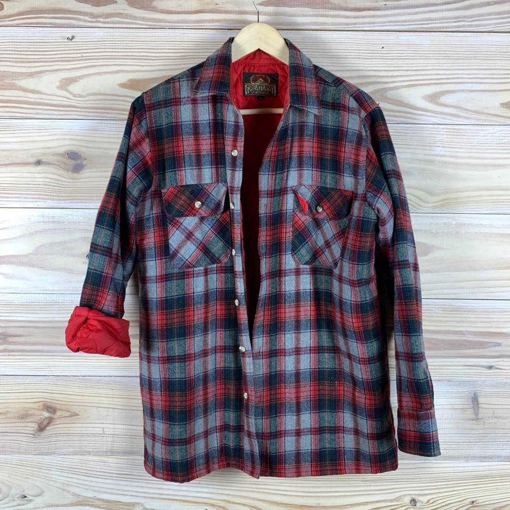 Vtg Greatland Sportswear Flannel Shirt Men M Red Plaid Quilted Wool Shacket